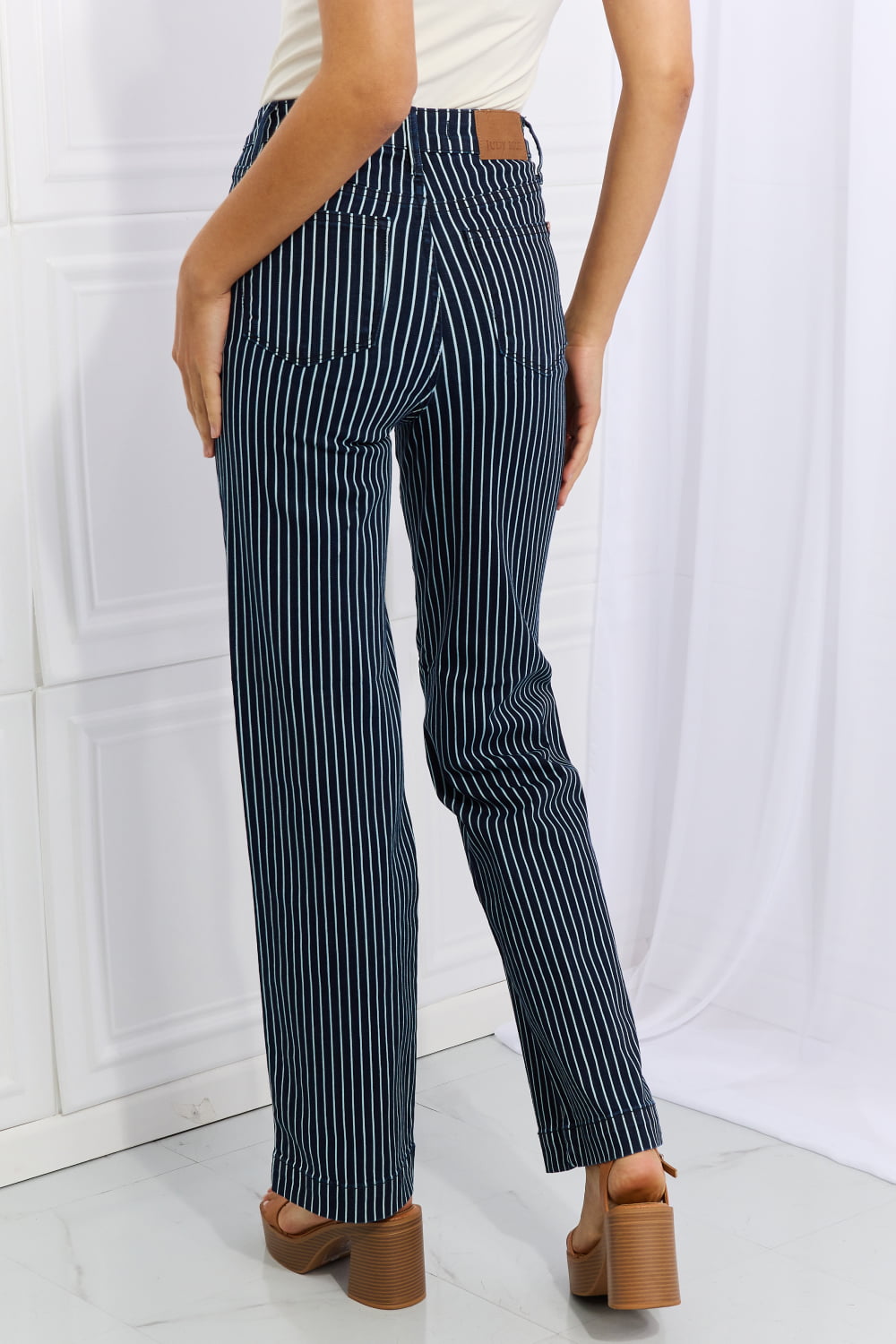 High Rise Pinstripe Straight Leg Jeans