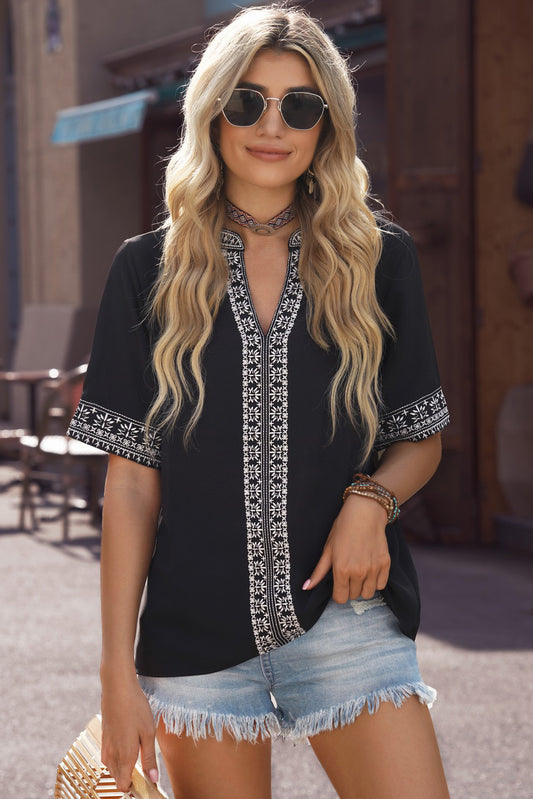 Embroidered V-Neck Blouse