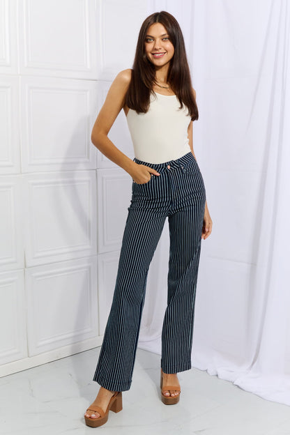 High Rise Pinstripe Straight Leg Jeans