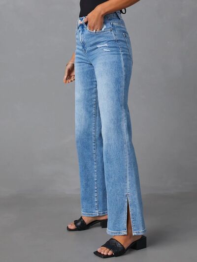 High Rise Straight Leg Slit Jeans