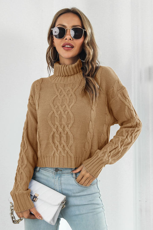 Cropped Cable Turtleneck Sweater