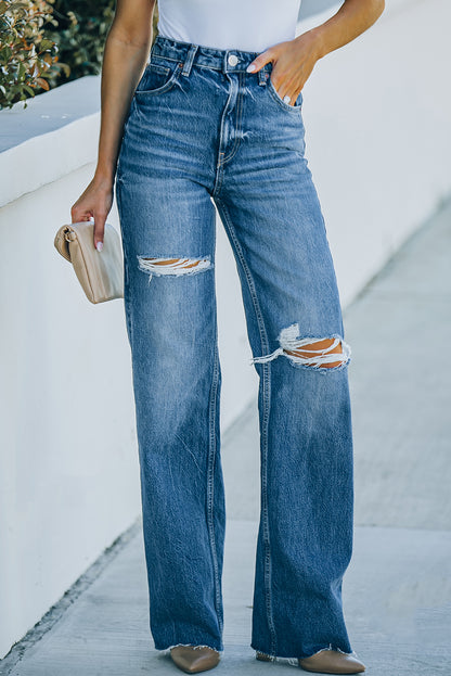 High Rise Distressed Wide Leg Jeans