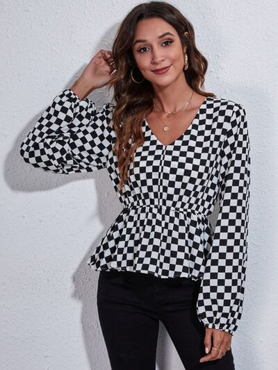 Checkered Peplum Blouse