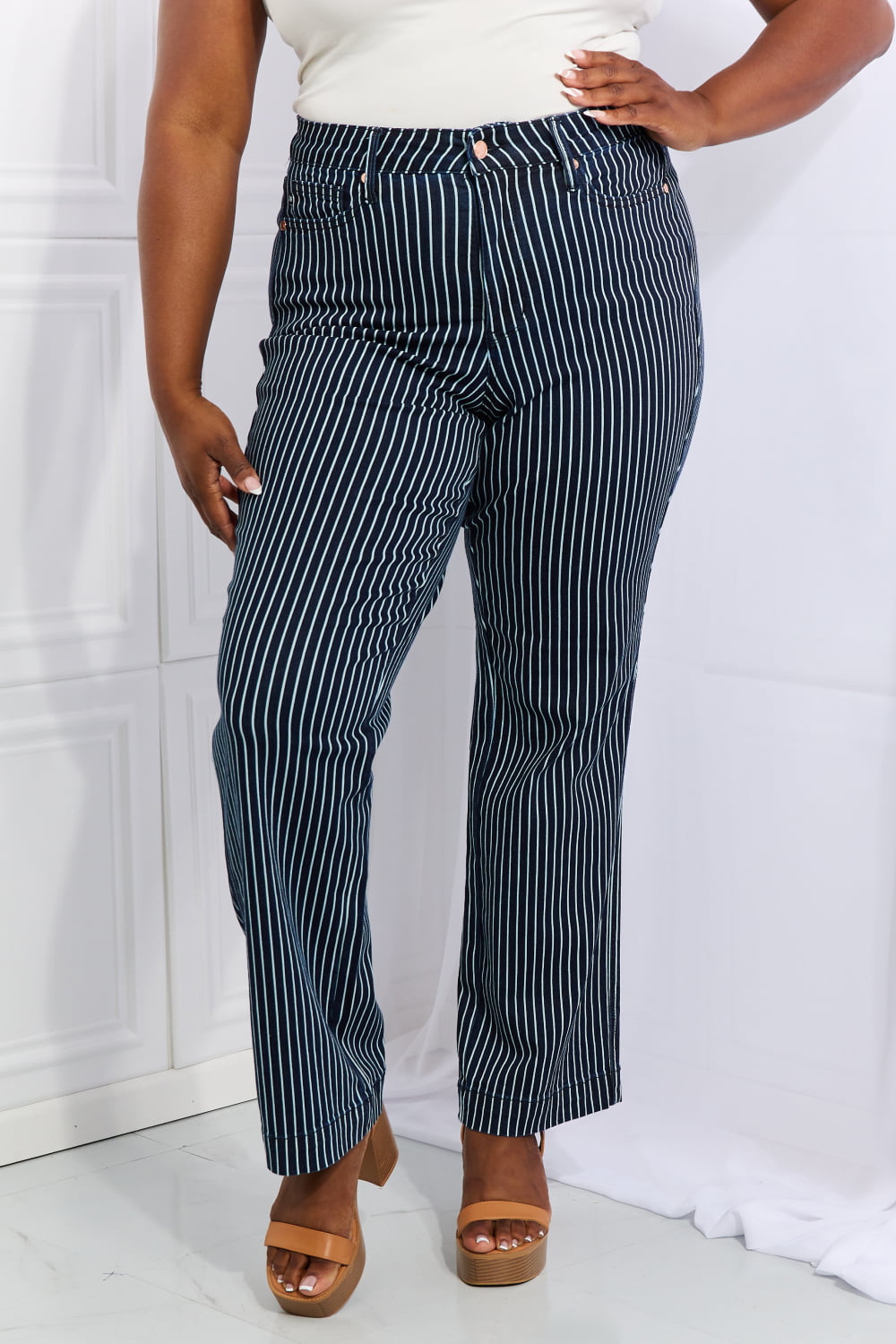 High Rise Pinstripe Straight Leg Jeans