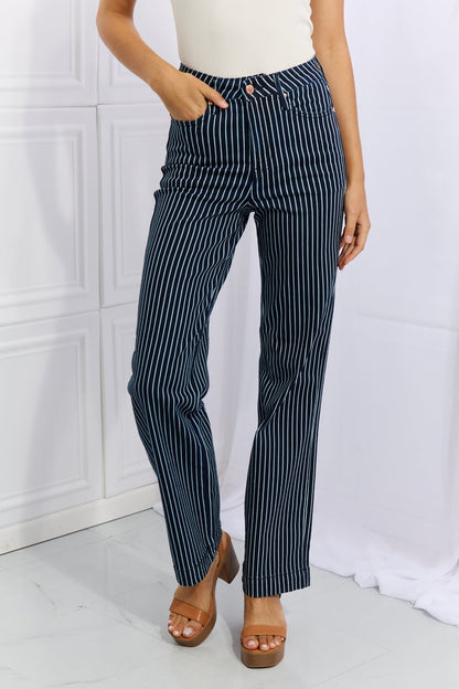 High Rise Pinstripe Straight Leg Jeans