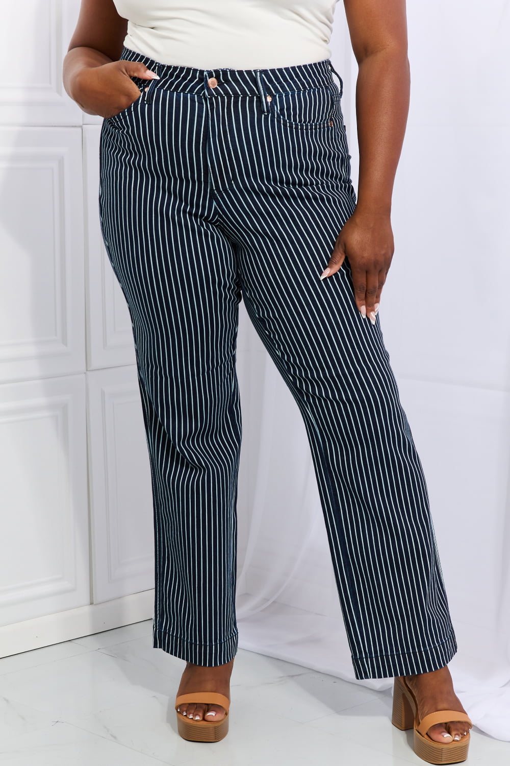 High Rise Pinstripe Straight Leg Jeans