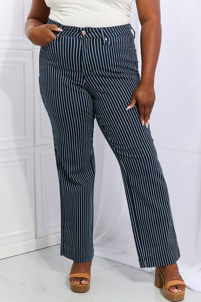 High Rise Pinstripe Straight Leg Jeans