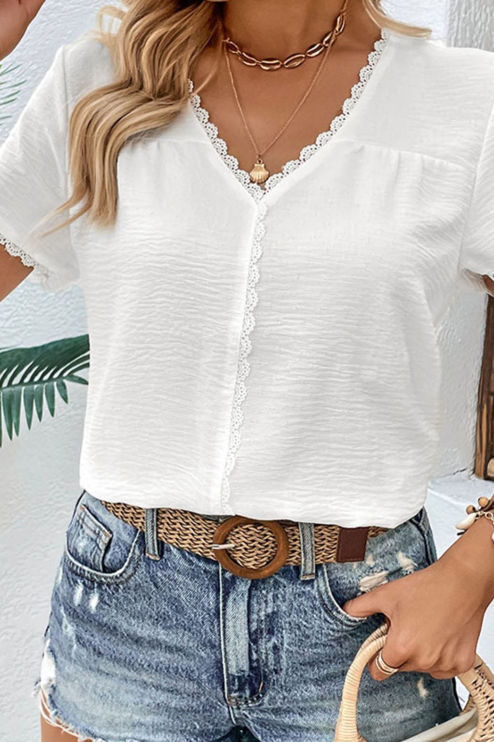 Textured Lace Trim Blouse