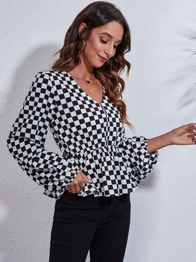 Checkered Peplum Blouse