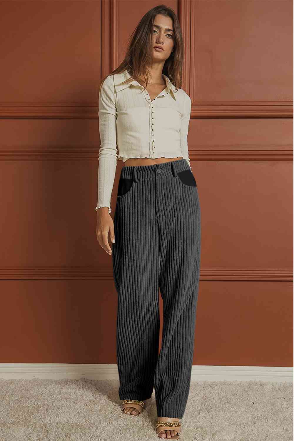 High Rise Ribbed Wide Leg Pants