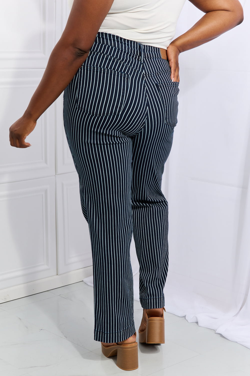 High Rise Pinstripe Straight Leg Jeans