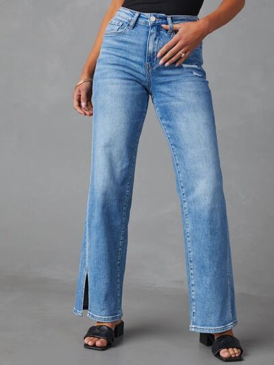 High Rise Straight Leg Slit Jeans