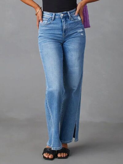 High Rise Straight Leg Slit Jeans