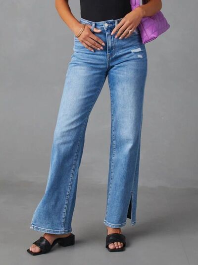 High Rise Straight Leg Slit Jeans