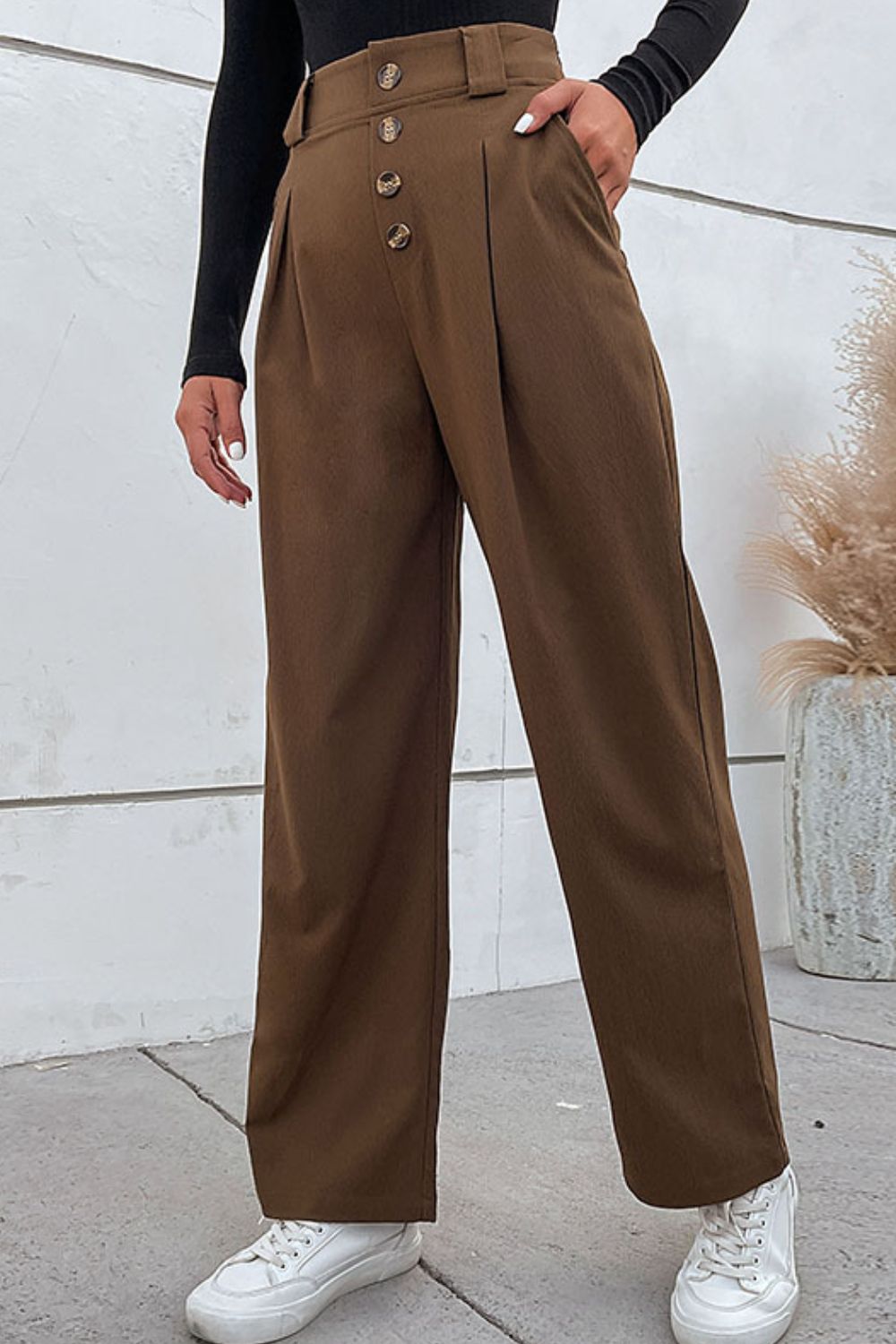 Pleated Button Fly Wide Leg Pants