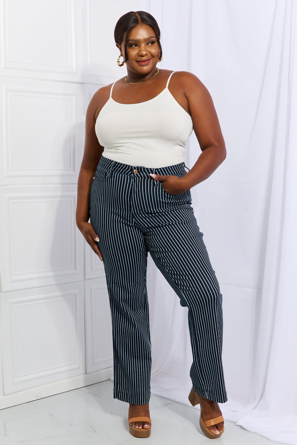 High Rise Pinstripe Straight Leg Jeans