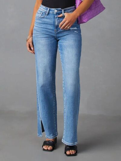 High Rise Straight Leg Slit Jeans